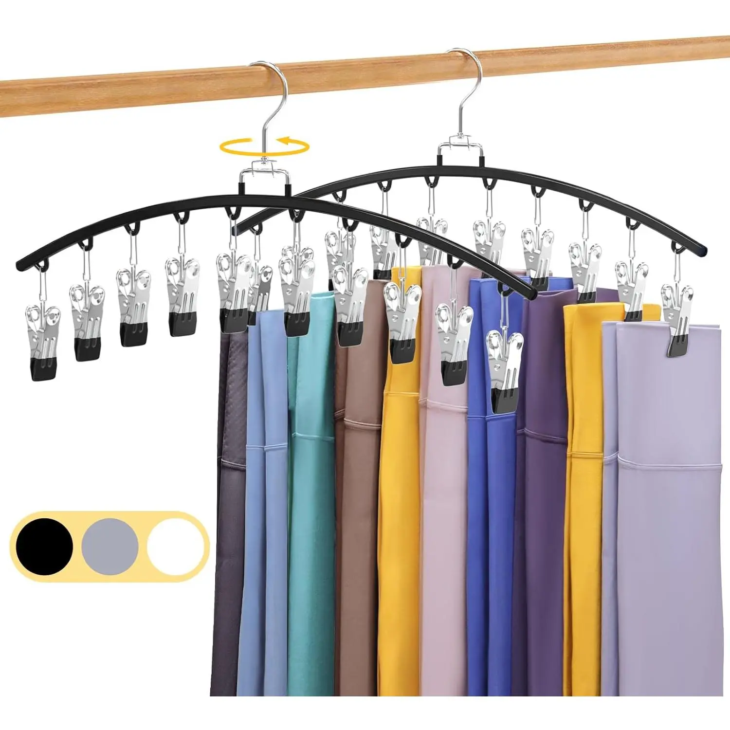 2 Pack Legging Organizer for Closet 360° Swivel, Metal Gym Clothes Organizer w/20 Clips Holds 20 Leggings, Hangers Space Saving, Closet Organizers and Storage, Dorm Room Organization Essentials, Black
