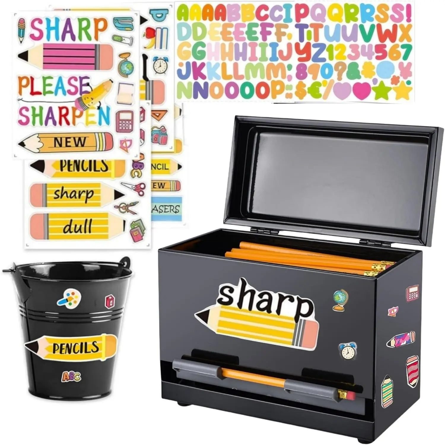 2 count Stainless Steel Pencil Dispenser Pen Holder  to School Dull Pencil Bucket with 4 sheet Stickers Metal Bucket with Handle for Bulk Pencils