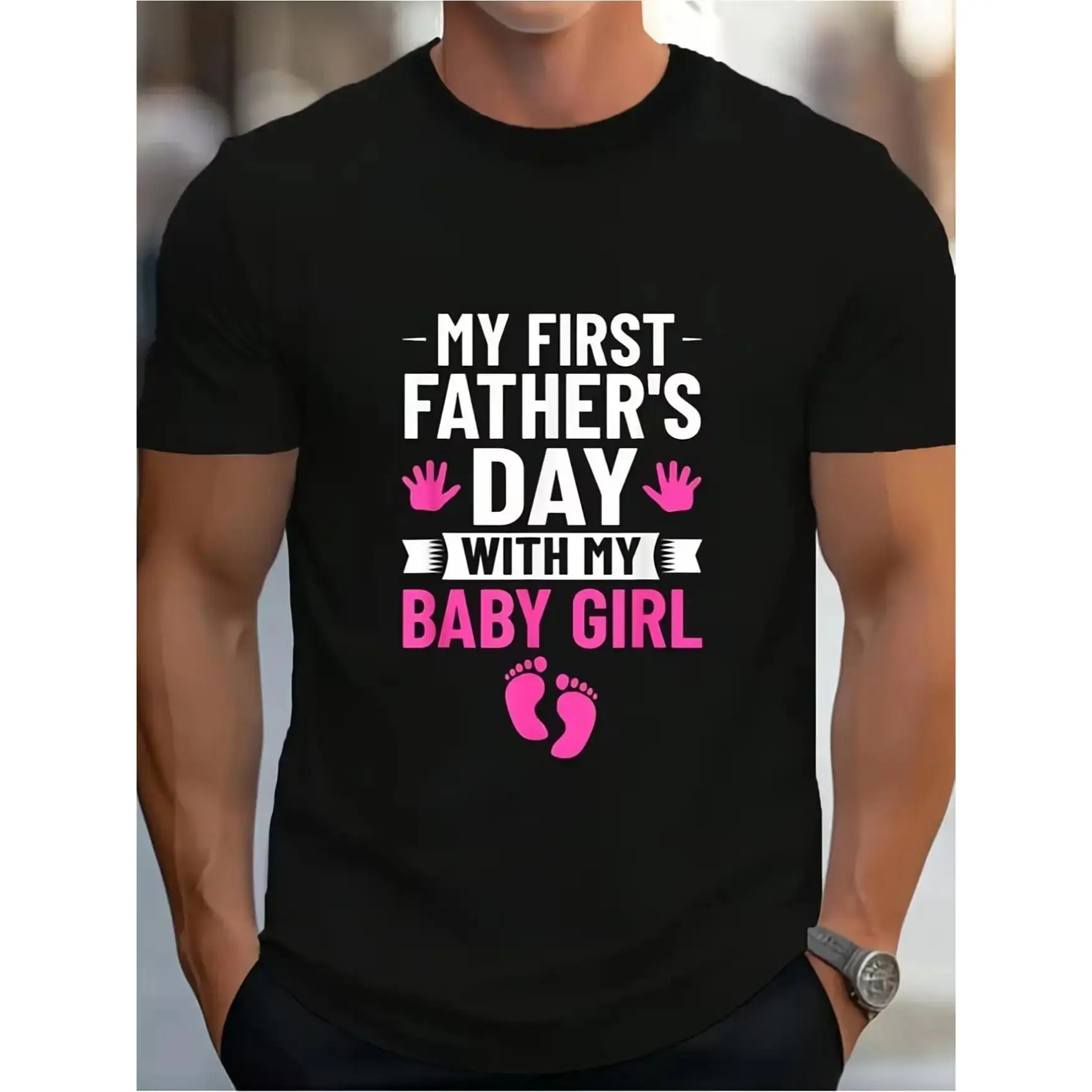 Men's Crew Neck Casual Tee - First Time New Dad T-Shirt with Baby Footprint Print, Soft Breathable, Machine Washable Baggy Black Unisex Baby Shower Gift, Suitable for Casual Wear