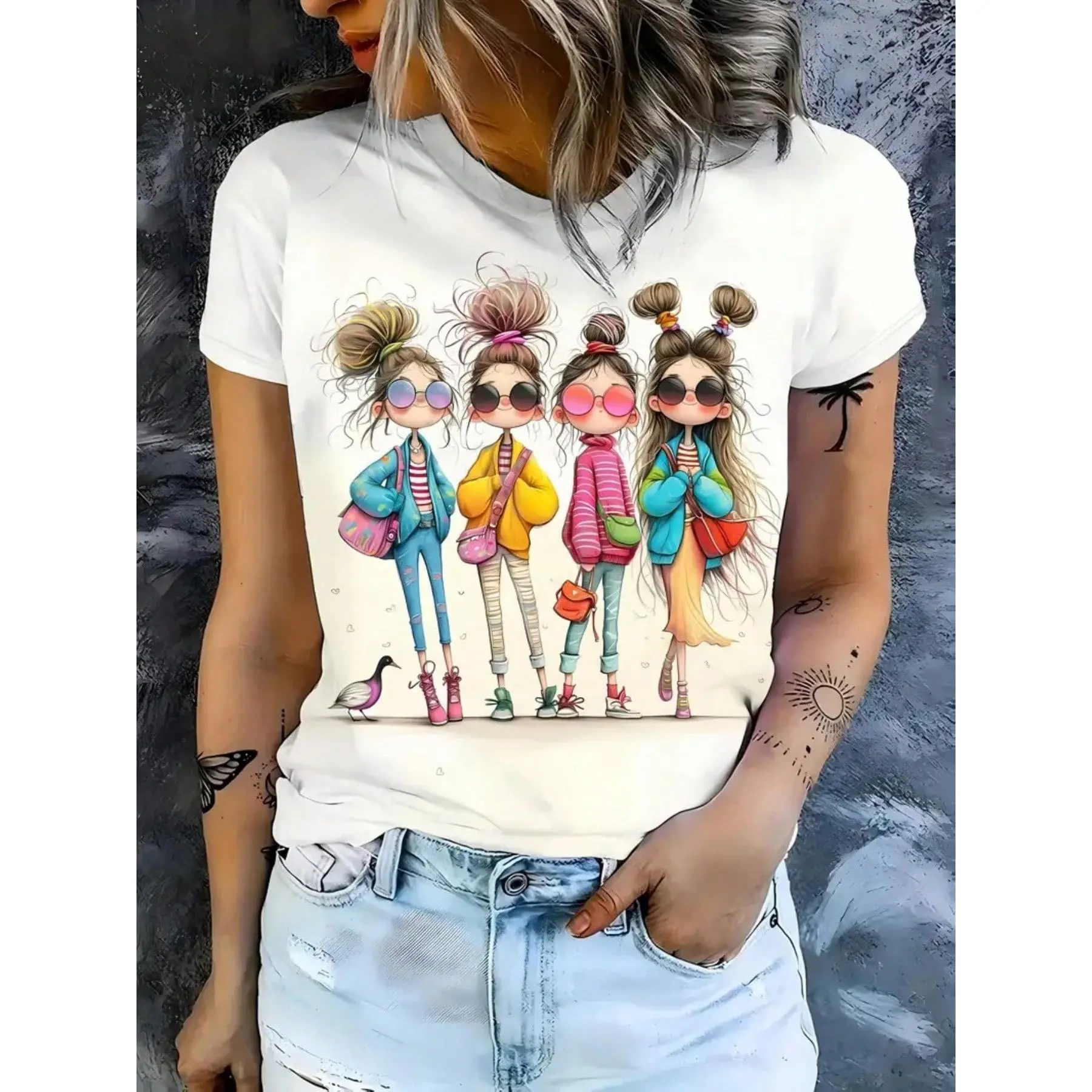 100% Cotton Women Round Neck Tee, Four Cute Messy Bun Girls Cartoon Chest Graphic Loose Casual Top, Best Friend Girly Soft Breathable Summer Gift, Non-Washed Fabric