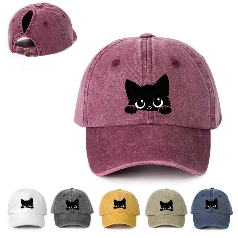 Vintage Washed Adjustable Graphic Baseball Cap for Cat Lovers - Cute Peeking Black Cat Design, Casual Buckle Closure Ponytail & Messy Bun Hat