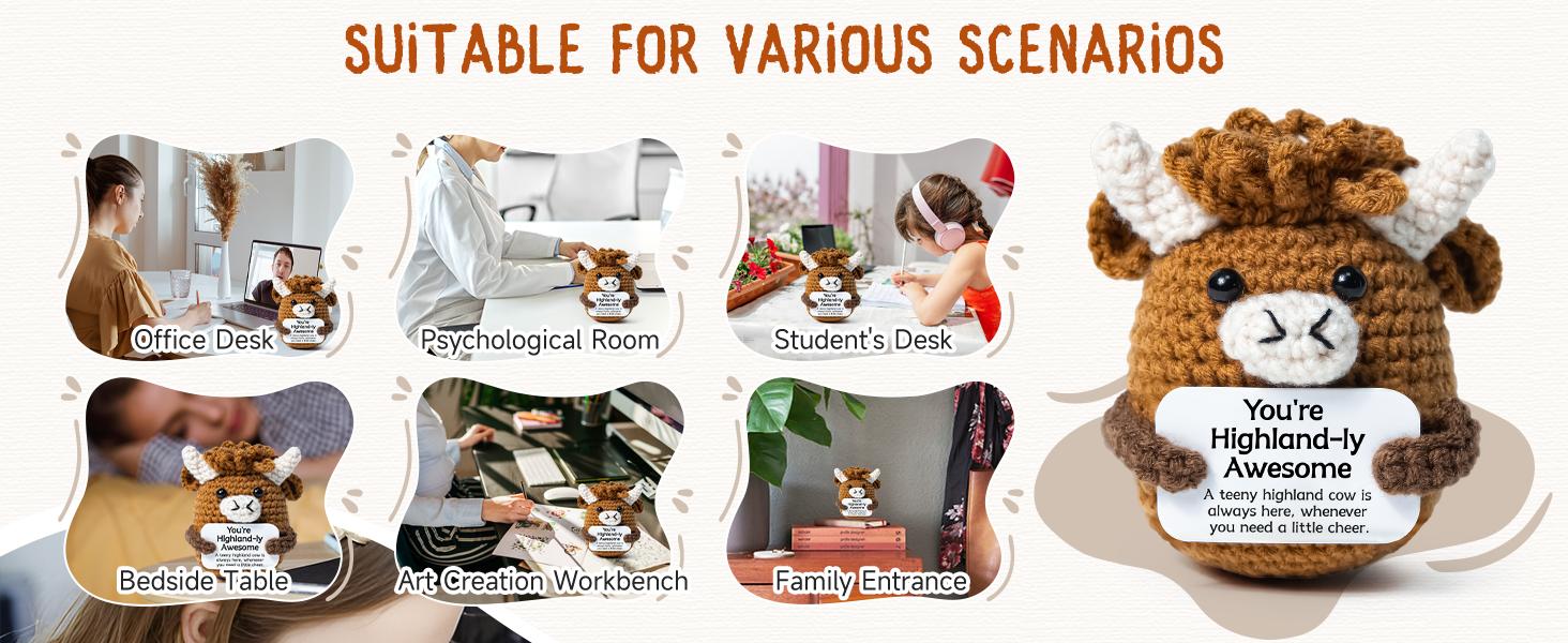 Emotional Support Highland Cow Cute Crochet Desk Decor, Mini Funny Adorable Stuffed Highland Cow Figurine, Positive Crochet Animal Ornament for Women & Coworkers, Heartwarming Cheer Up Gifts & Lovely Desktop Decor to Boost Mood Daily
