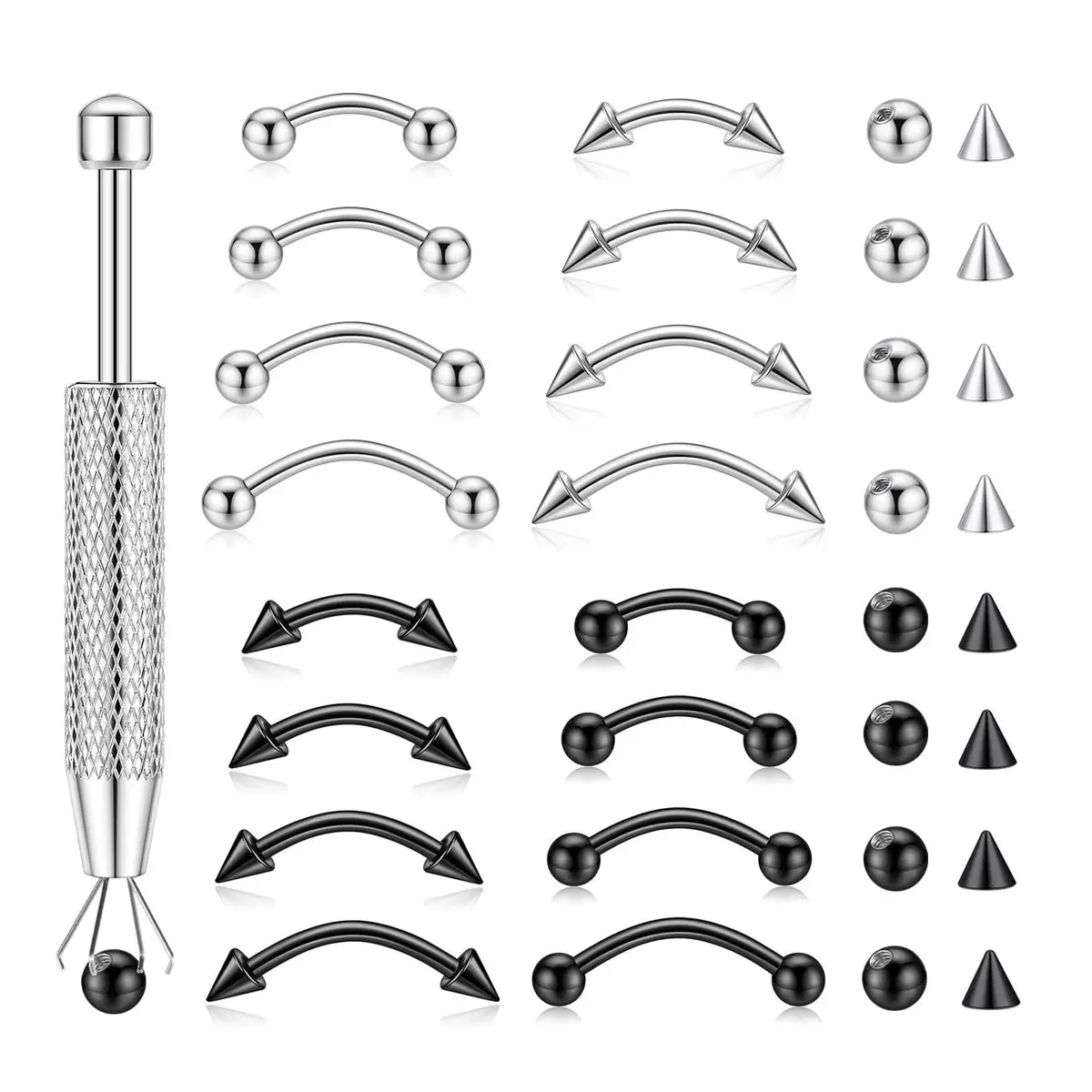 16 Piece 16G Curved Barbell Eyebrow Piercing Jewelry Set, 316 Stainless Steel Ball and Spike Body Jewelry, 3 mm Ends, 6 mm to 12 mm Bars, Silver and Black, Unisex Replacement Piercing Set
