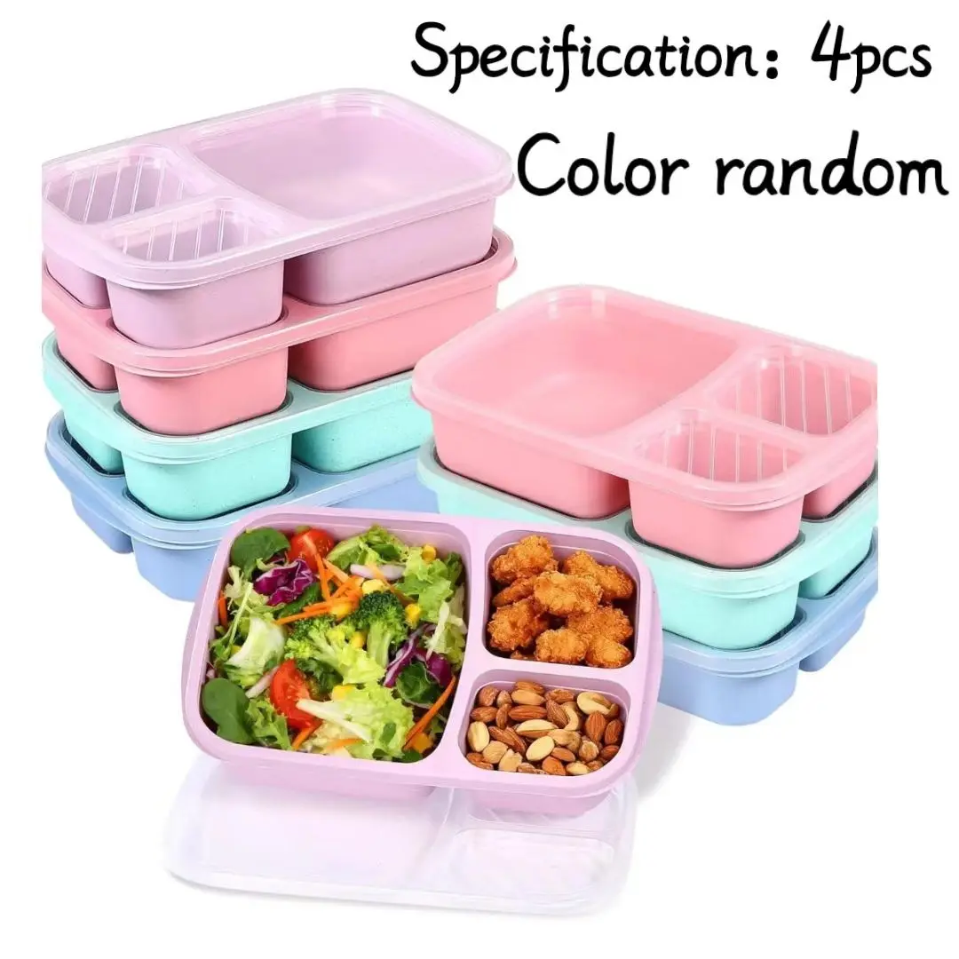 4 Piece Bento Box Set, Mixed Color Wheat Straw Dividers, Reusable Plastic Food Storage Containers with Transparent Lids, Ideal for Adults Traveling, Reusable Lunch Box, Storage Lunch Boxes
