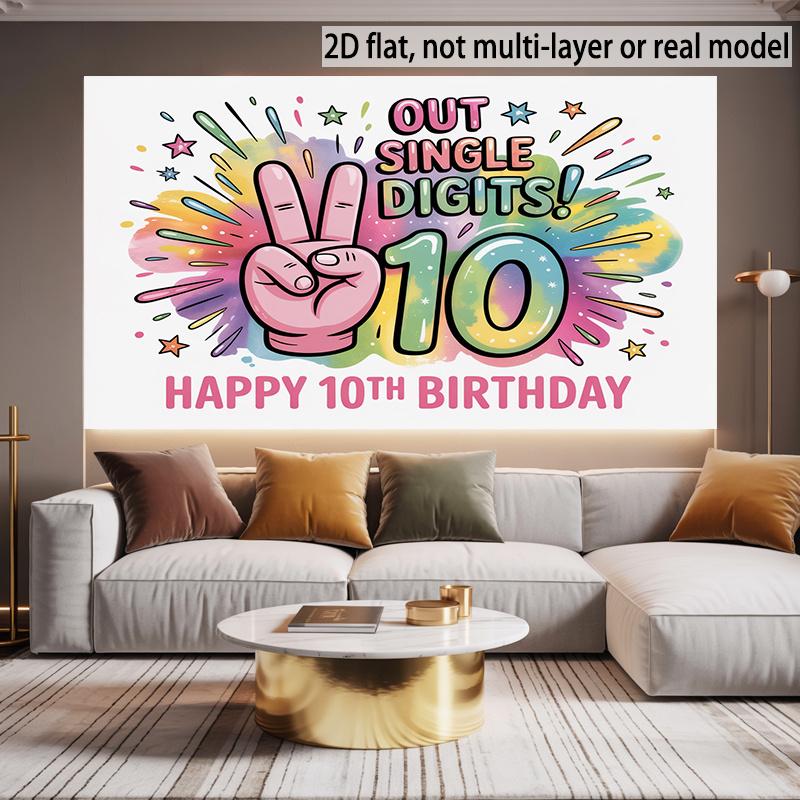2D Flat, 2D Flat Banner, 1pc, Happy 10th Birthday Card Background Decoration Background Photo Props, Banner Decor, Home Decor, Room Decor, Wall Decor, Party Background Decor, Party Decor/supplies/gifts Decorativ