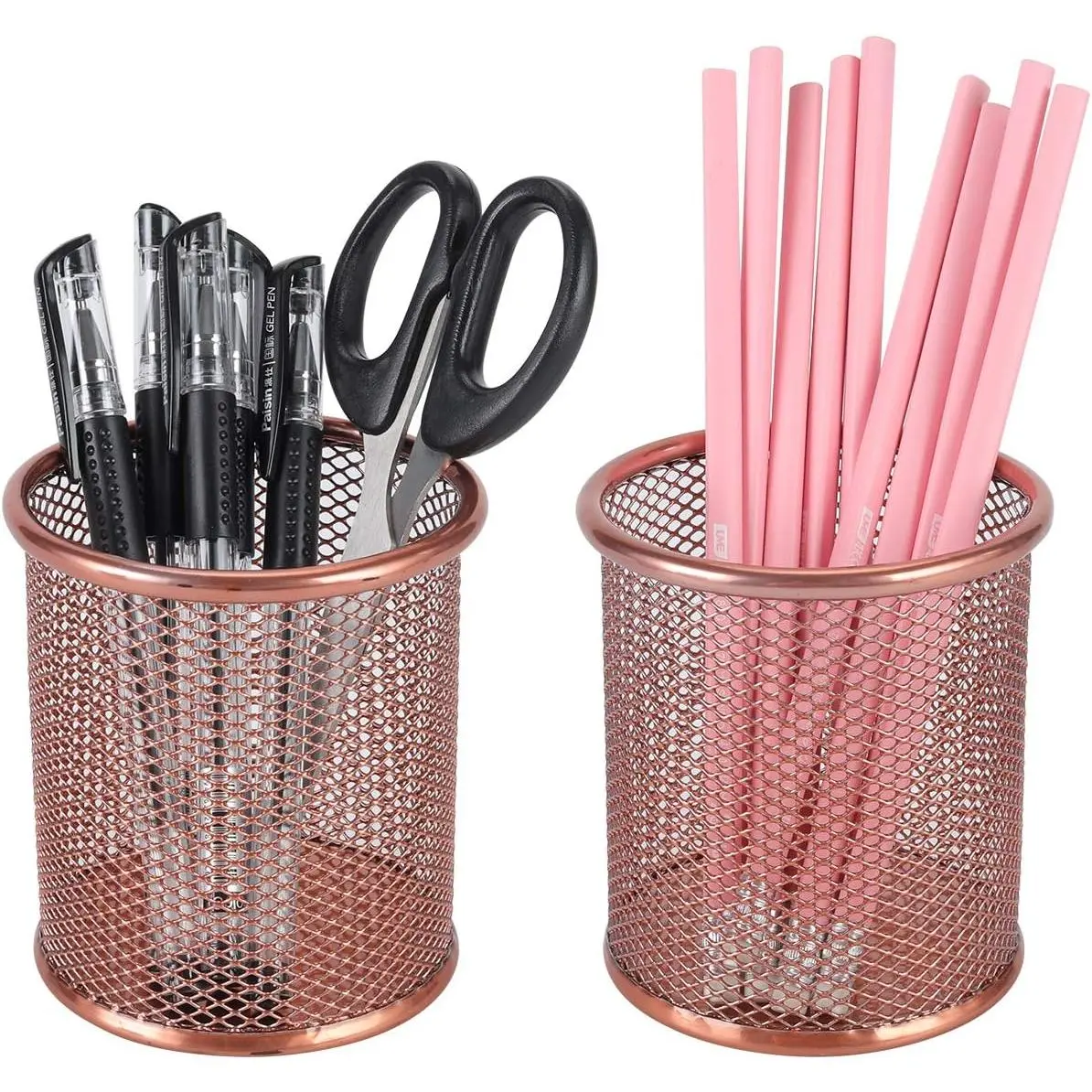 2-Pack Rose Copper Cylindrical Desk Pencil Holder - 3.2x3.2x3.7in Anti-Oxidation Storage Cup, Office Stationery Organizer, Makeup Brush Holder Accessory