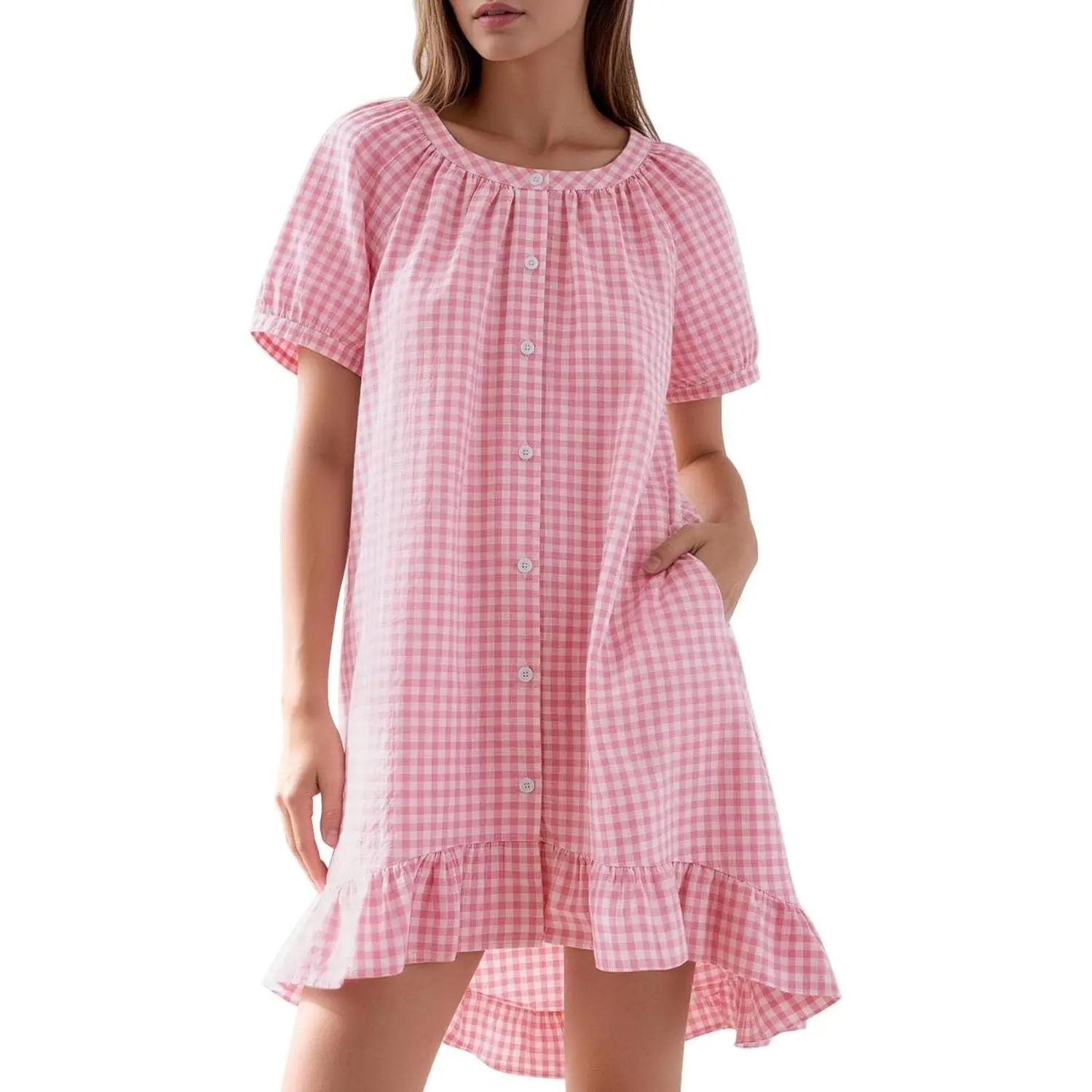 Women's Cute Checkered Soft Cotton Nightgown - Short-Sleeve Button-Down Sleep House Dress with Pockets, Summer Ruffled Shortsleeve Loungewear Women's Clothes, Nightwear, Shirt, Button Neck, Breathable Cotton Nightdresses, House Wear, Casual, Sleepwear, No