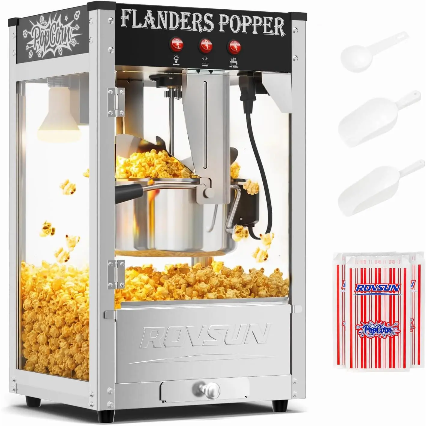 ROVSUN Commercial Popcorn Machine with 10 Ounce Kettle Makes Up to 4 Gallons, Theater Style Popper Countertop Popcorn Maker w/Stainless Steel Scoop, Oil Spoon & 3 Popcorn Cups, ETL Certified, Black