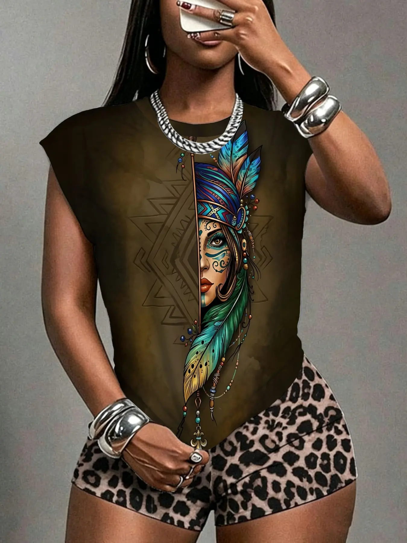 Indian Tribal Feather Digital Print Sleeveless T-Shirt, Vintage Slim Fit, Punk Style, Casual All-Season Wear, Unique Ethnic Fashion