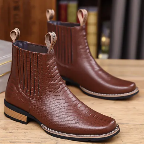 Alligator Texture No-Zipper Slip-On PU Leather Chelsea Boots, Casual Above-Ankle Fall & Winter Commuter Versatile Shoes, Slip On Booties