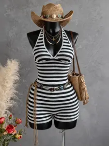 Striped Hollow Out Hooked Neck V-Neck Bodycon Shorts  Elastic Shaping Style  Vacation Chic Look  Sexy Summer