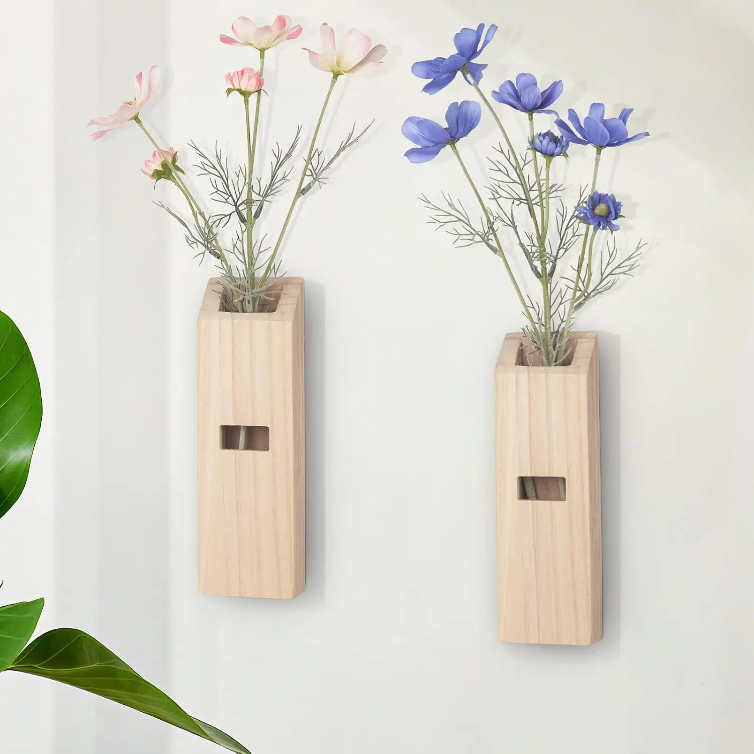 2 Pack Wooden Wall Vase Set,  & Boho Wall Decor for Entryway, Hallway, Living Room, Modern Bathroom Decor,   Boho Vase for Faux Greenery and Dried