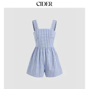 Cider Cotton-blend Square Neck Gingham Bowknot Romper