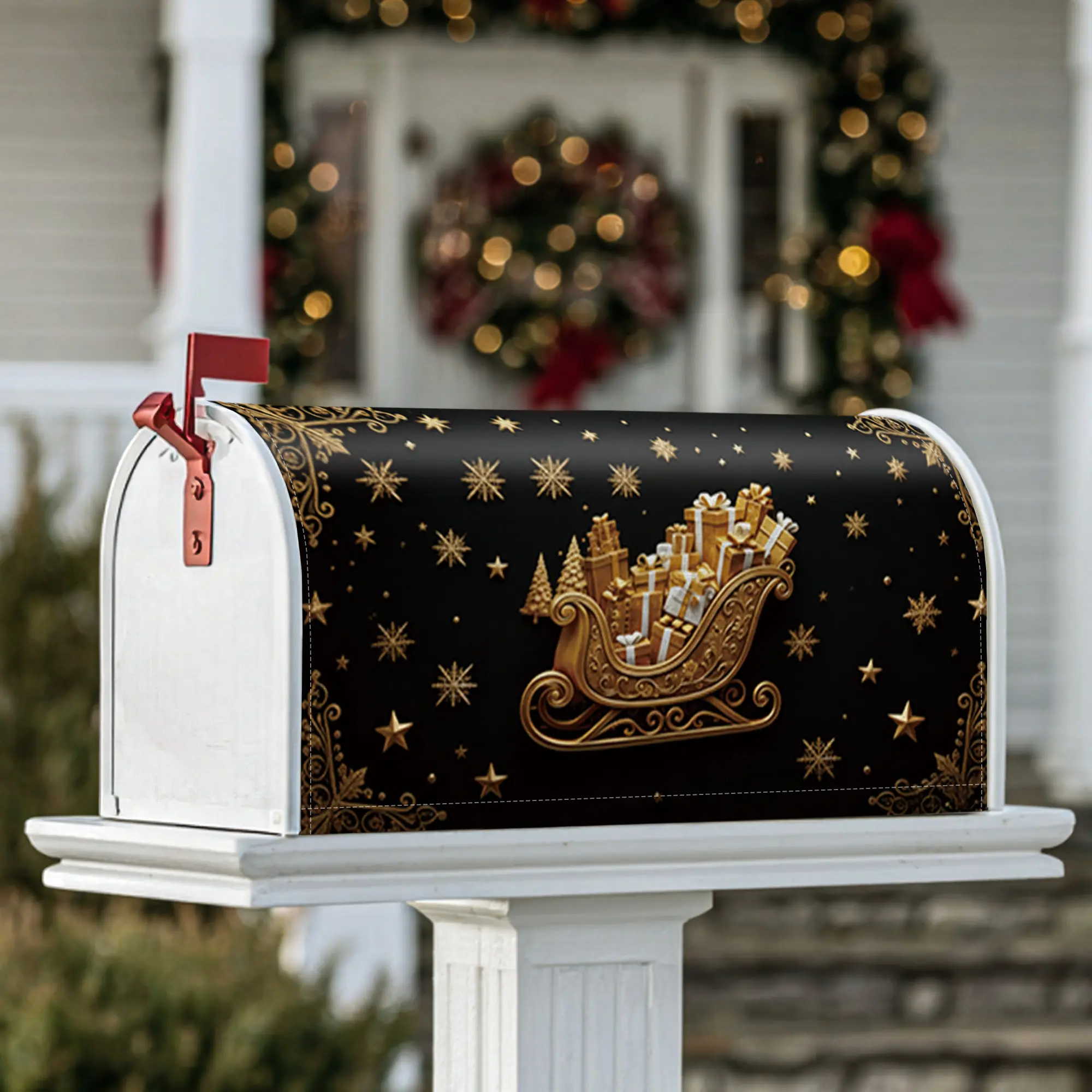 sleigh Magnetic Mailbox Covers, Christmas festive presents snowflakes Christmas black Mailbox Covers for Outside for Garden Patio Decor