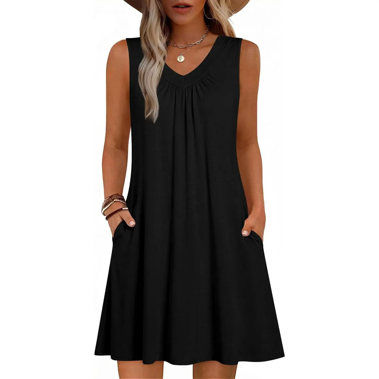 Summer Dresses for Women 2026 Sleeveless Dress V Neck Tank Dress Pleated Floral Tshirt Sundresses with Pockets