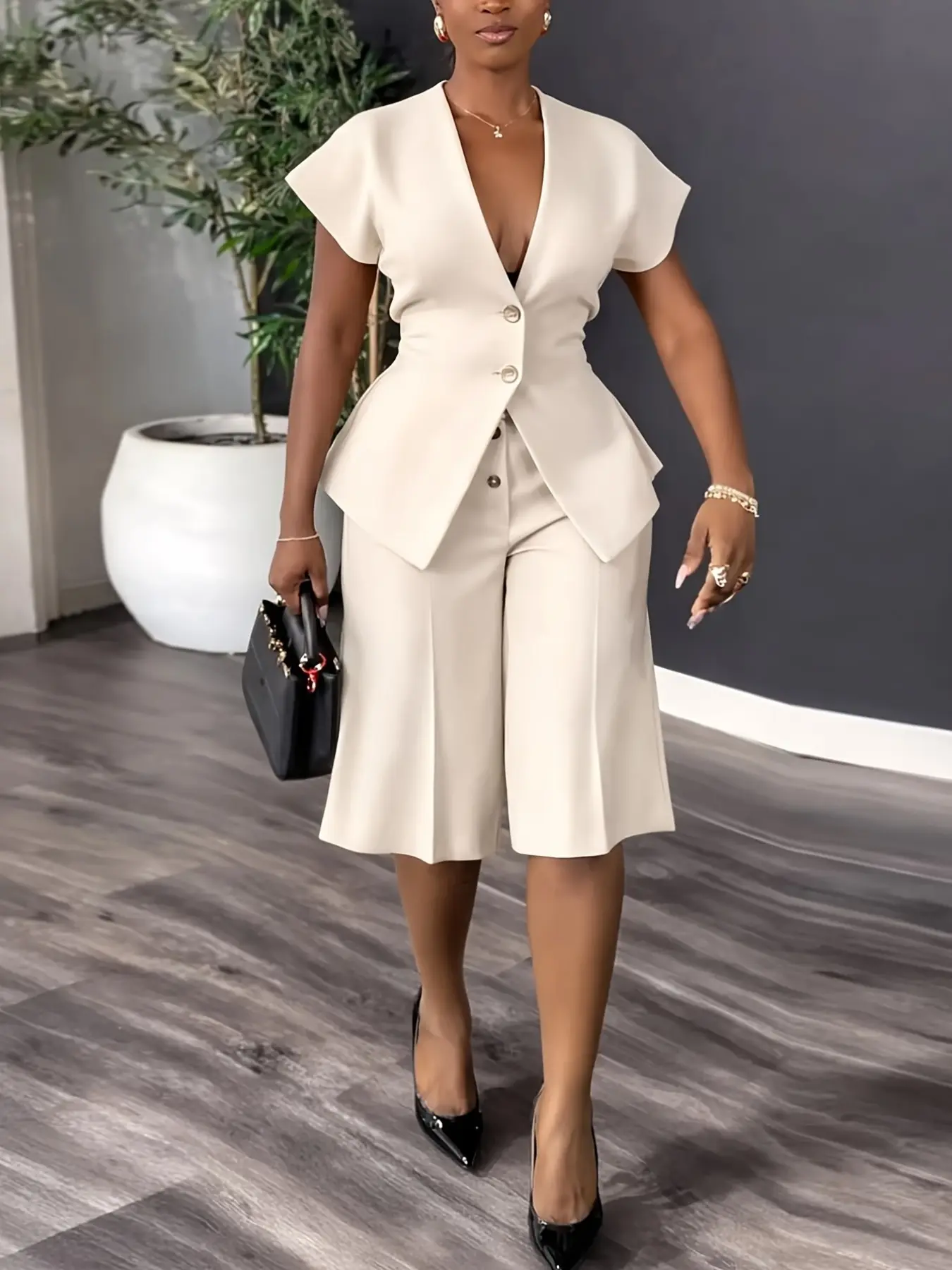 Women's Two-Piece Set, Solid Color V-Neck Cap Sleeve Blazer and Midi Culottes, Urban Style Suits, Casual Fashion Ensemble for Ladies
