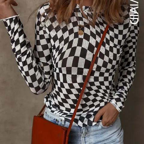Women's Checkered Stretchy Mesh Mock Neck Long Sleeve Top Shirts, Stylish Fitted for All Season, Ladies Casual Everyday Clothes