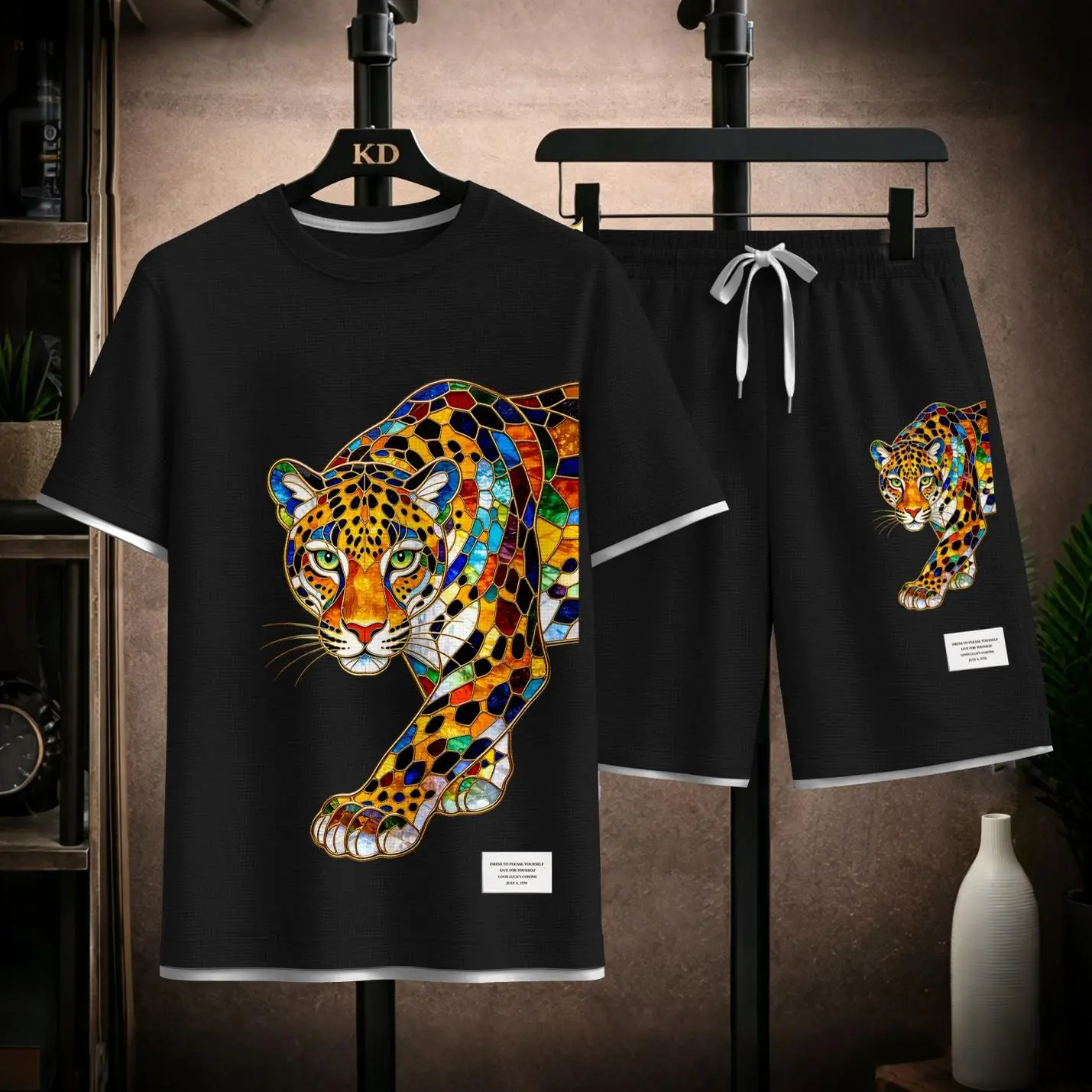 Men’s Leopard Graphic 2 Piece Outfit, Textured Short Sleeve T Shirt and Drawstring Shorts Set, Casual Loose Fit Summer Matching Set, Breathable Streetwear Lounge Outfit for Travel, Daily Wear and Vacation