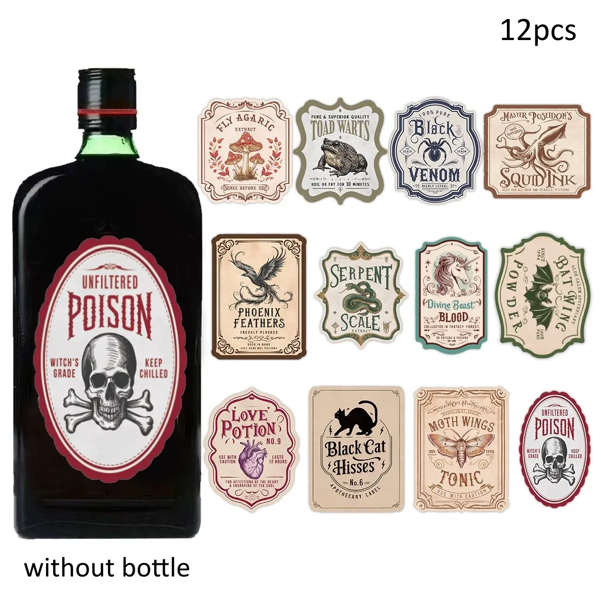 12pcs Vintage Creepy Halloween Apothecary Bottle Labels Stickers - Scary Potion Bottle Stickers, Horror Halloween Wine Bottle Stickers, Magical Witchcraft Apothecary Tags, Halloween Party Decoration