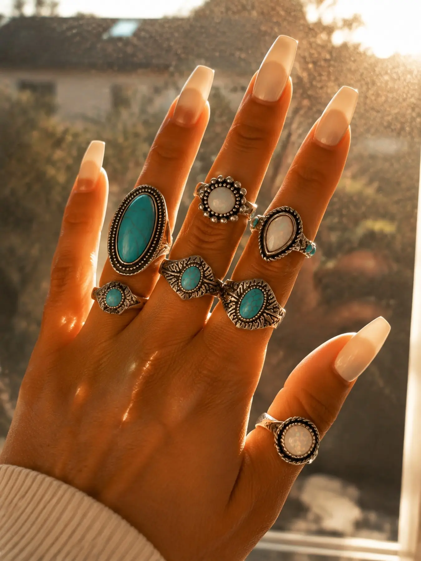 8pcs Western Turquoise Ring Set for Women, Bohemian Cowgirl Statement Jewelry, Vintage Style Stackable Rings, Festive & Everyday