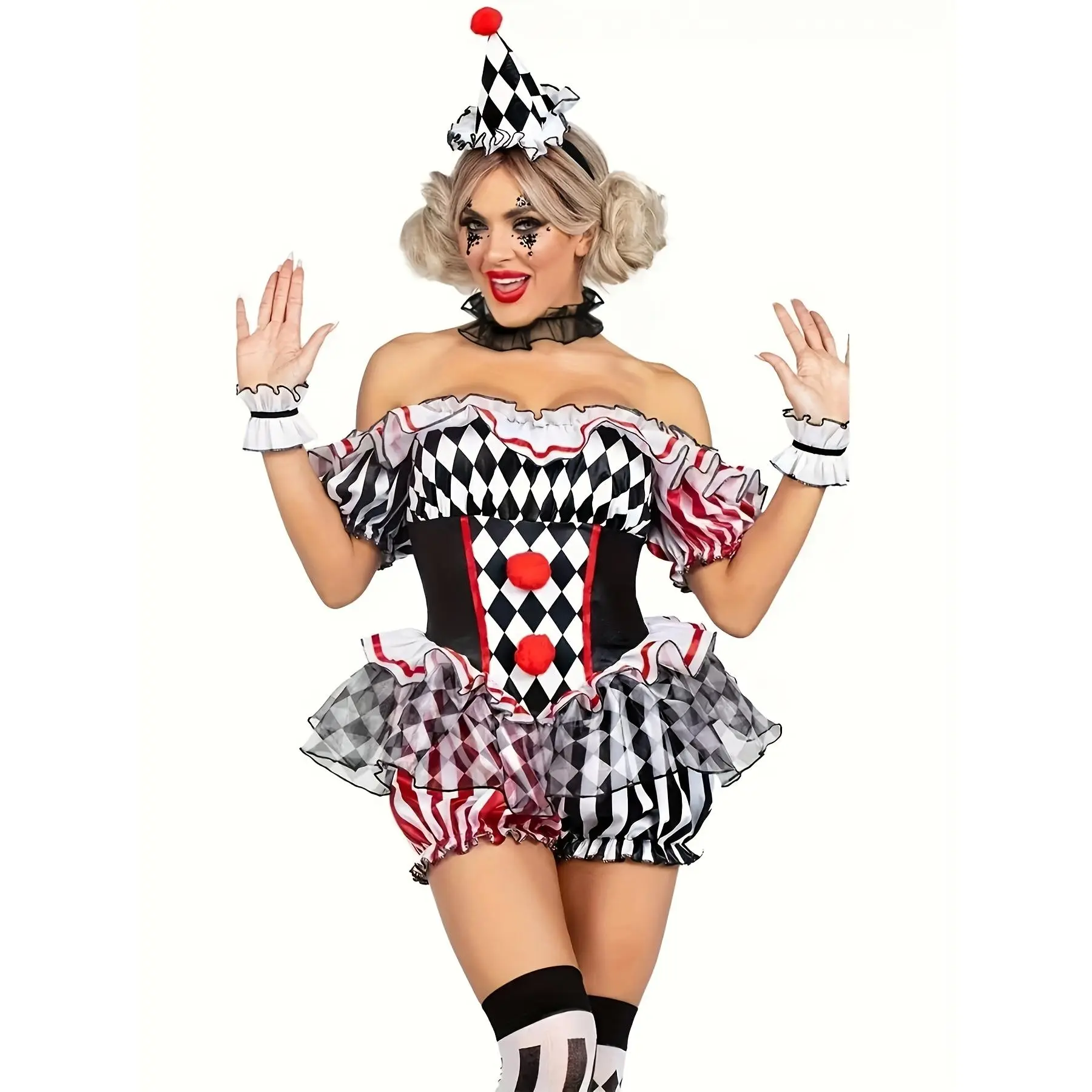 Women'S Full Set of Sexy Clown Costumes, One-Word Shoulder Onesie And Sleeve Ring And Neck Ring And Decorative Hat And Stockings, Black, White And Red Retro Harlequin Circus for halloween Cosplay Dress, a Must for Halloween