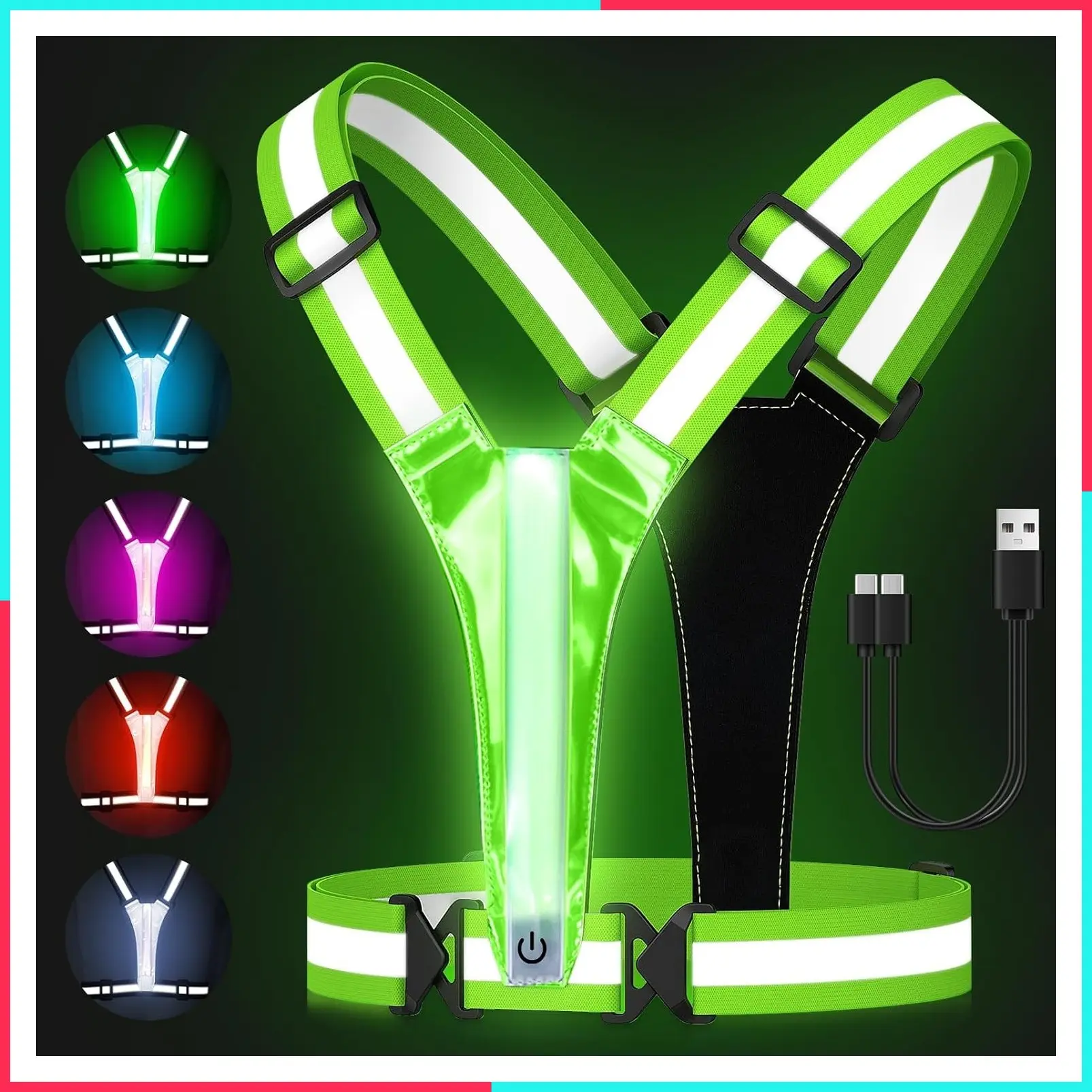 LED Reflective Running Vest with 5 Light Colors, High Visibility Rechargeable Light Up Safety Vest for Walking Running Cycling, Adjustable for Men Women Kids