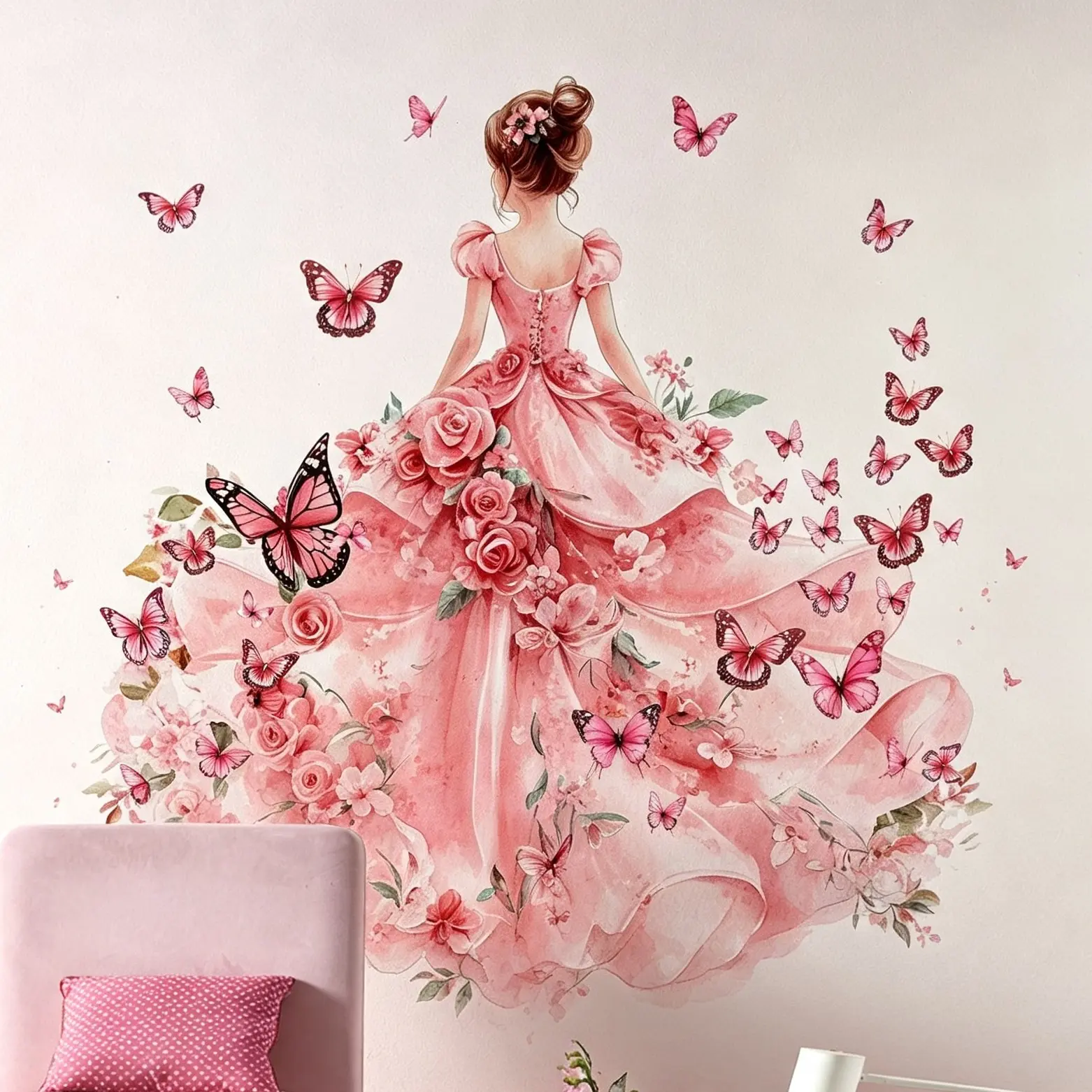 Contemporary Style Pink Floral and Butterfly Girl Wall Decals - Decorative Wall Sticker, Flower Wall Stickers, Wall Art Stickers, Large Self-adhesive PVC Wall Stickers for Living Room Bedroom Sofa Backdrop, Detachable Irregular Shape