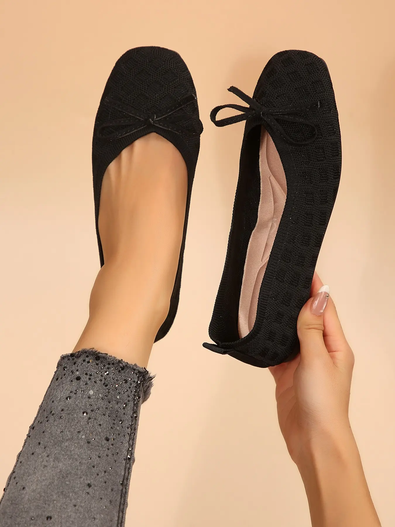 Fashion Ladies Jacquard Bowknot Ballet Flats, Lightweight Casual Office Shoes, Comfortable and Stylish Footwear for Daily Wear