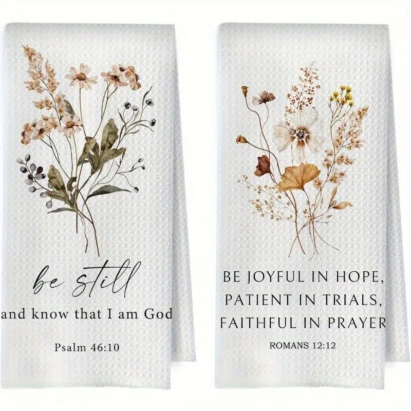 Set of 2 Christian Kitchen Towels (16x24 Inches) with Bible Verses - Floral Scripture Dish Towels, Durable Machine-Washable Polyester Hand Towels; Inspirational Home Decor and Thoughtful Christian Gifts