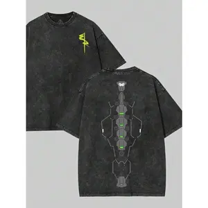Cyberpunk Spine Graphic Men T-Shirt Dark Grey Neon Green Soft Washed Cotton Short Sleeve Streetwear Top