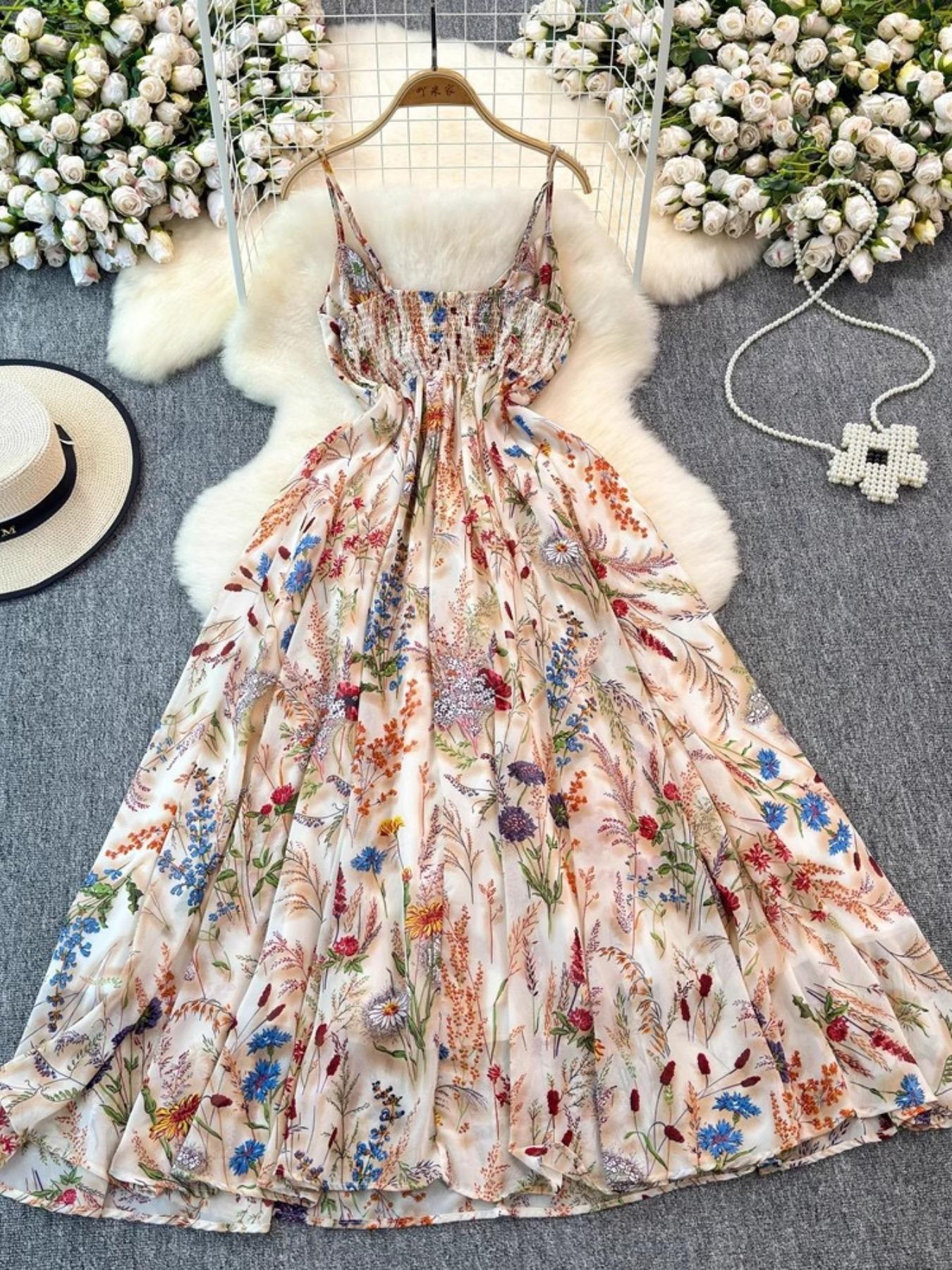 Women's Boho Style Floral-Print Spaghetti Strap Cami Dress, Bohemian Fashion Casual A-Line Dress for Beach Holiday Vacation, Perfect for Summer Women's Boho Style Floral-Print Spaghetti Strap Cami Dress, Bohemian Fashion Casual A-Line Dress for Beach Holiday Vacation, Perfect for Summer