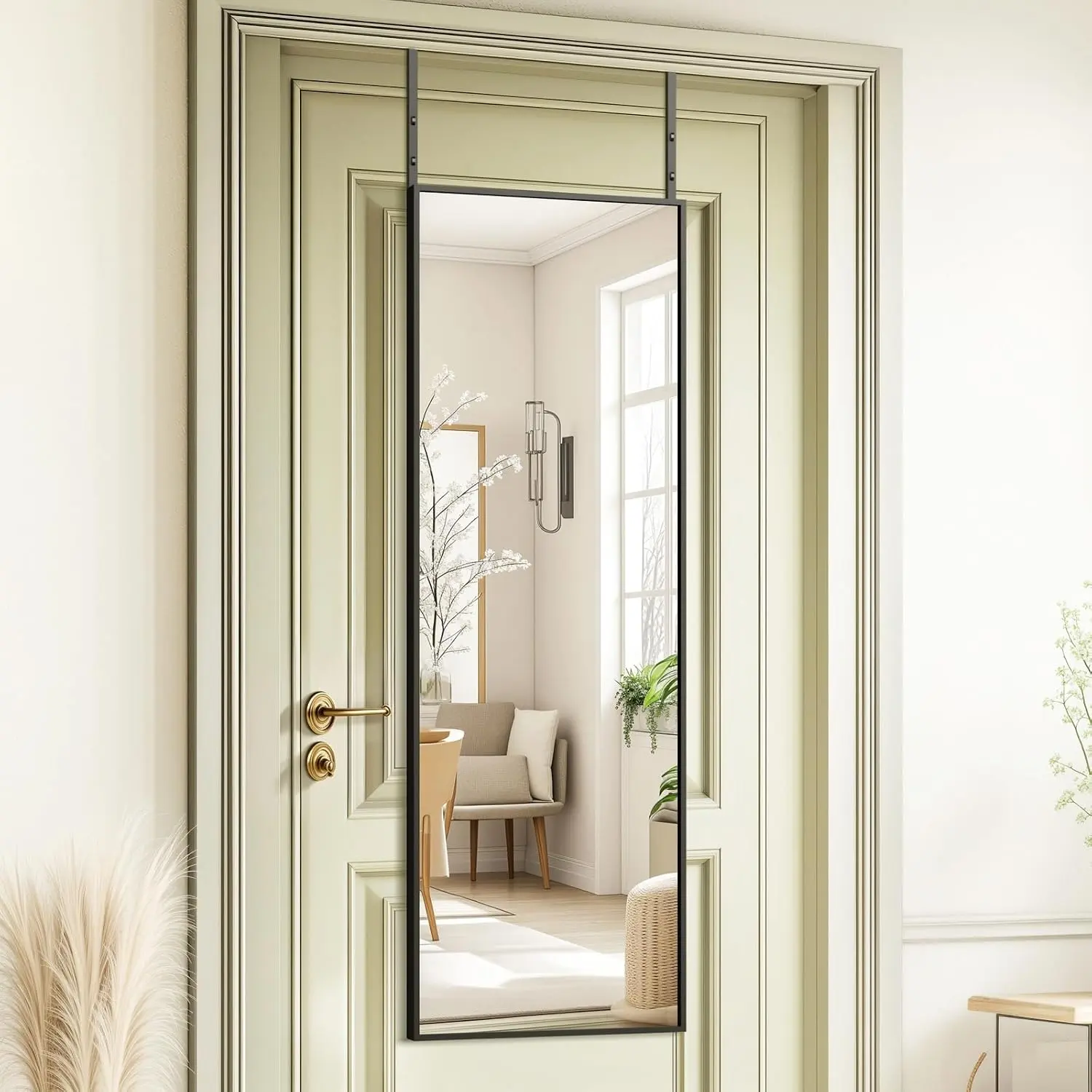 48x14 Inch Tempered Glass Mirror - Over Door Hanging, No Drill Installation, Sturdy Design, Suitable for Bedroom Closet