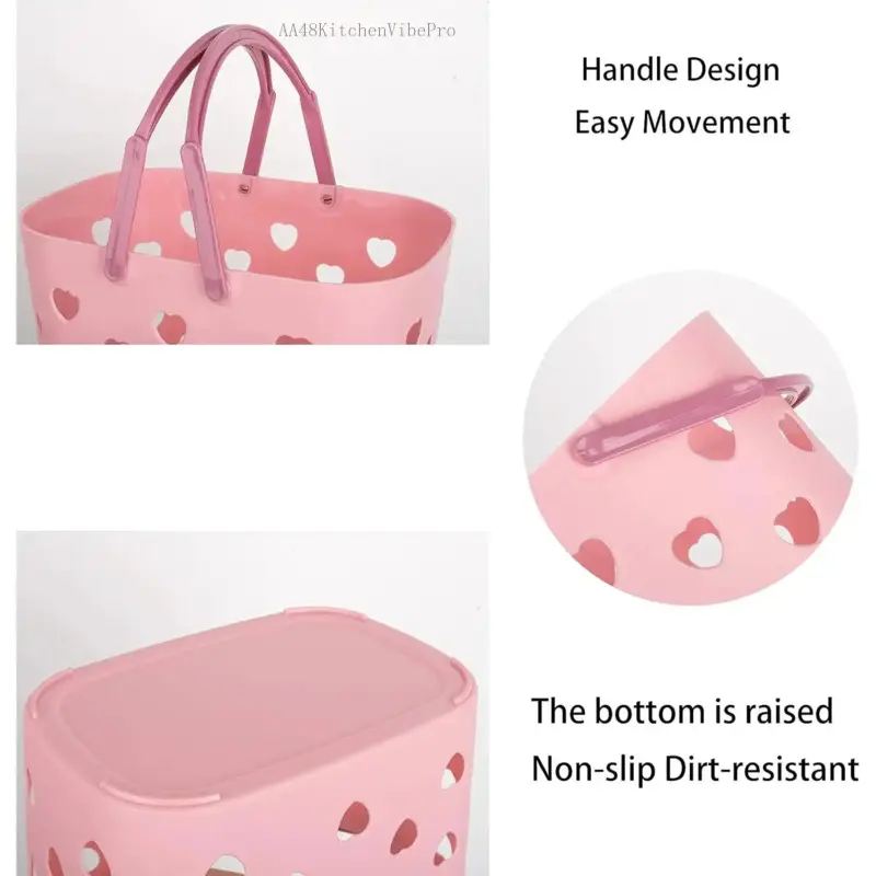 Portable Pink Plastic Carry Basket with Handles, Drainage Shower Caddy Tote for College Dorms, Bathroom Organiser, Kitchen & Garage Storage Box, BinAA48KitchenVibePro
