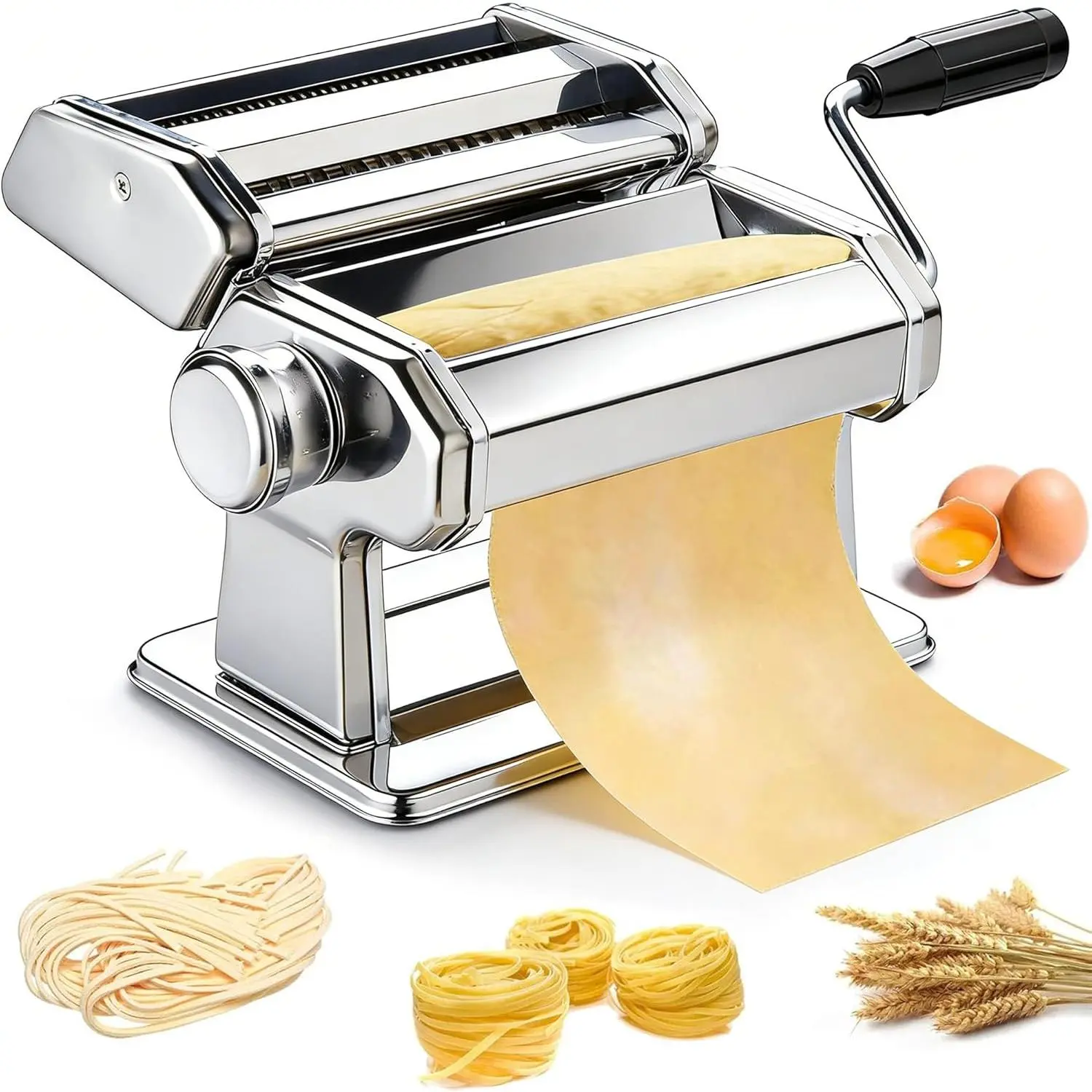 Pasta Maker, Stainless Pasta Machine Manual Roller Pasta Maker with 9 Thickness for Spaghetti Linguine Fettuccine Lasagne, Includes Dough & Hand Crank