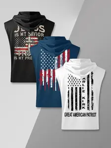 3 Pack Men's American Flag Themed Sleeveless Hooded Tank Tops with Jesus Cross, Gun Flag & Great American Patriot Prints Retro Patriotic Streetwear Hoodie Vest For Gym Training Daily Street Casual Outfits #springsaledeals2026 #3packhoodietank