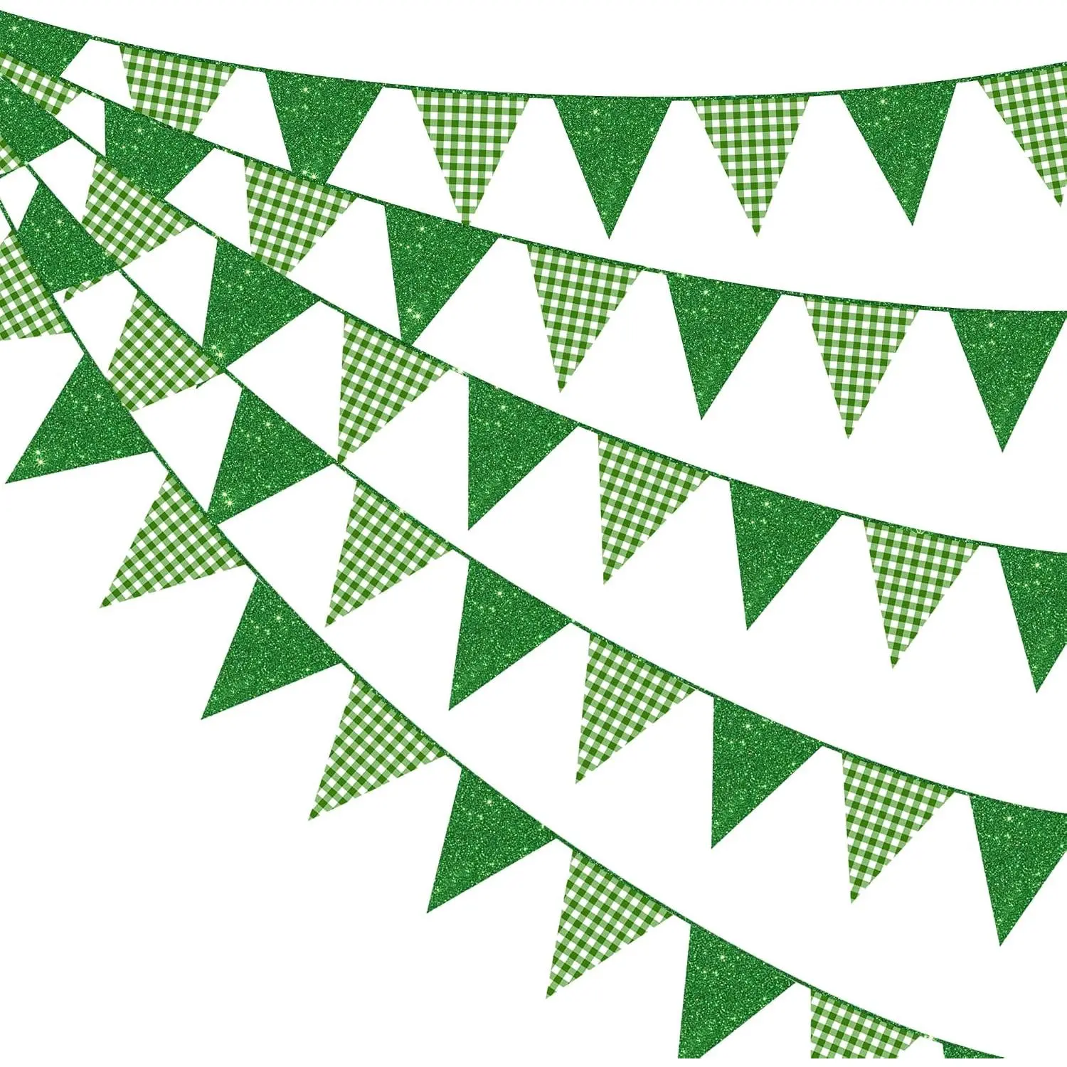 Glitter Green Party Pennant Banner Flag Green Buffalo Plaid Hanging Paper Triangle Bunting for Birthday Christmas Holiday Wedding Shower Bridal Shower St Patrick's Day Party Decorations Supplies