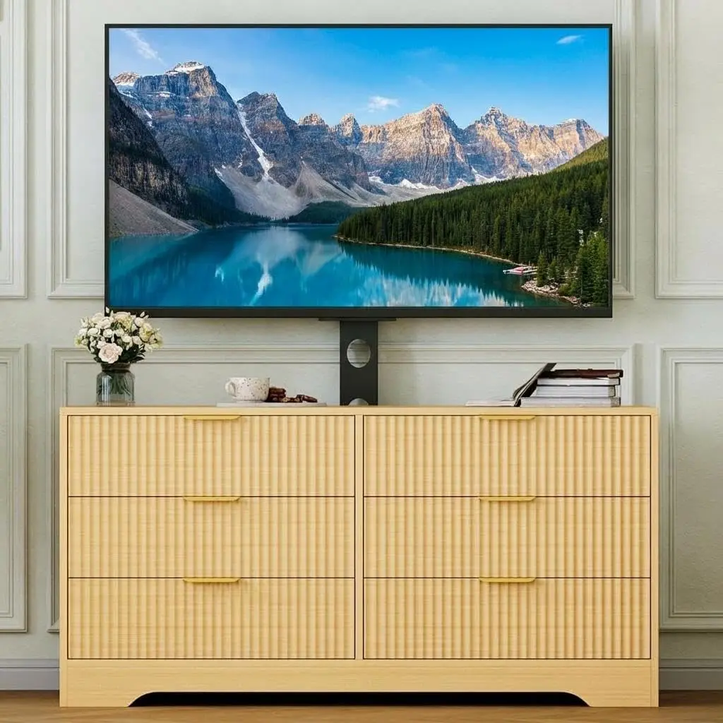 Wood Entertainment Center with Mount and 6 Drawers, Corner Media Console Designed for 32–85 Inch Screens, Modern Storage Cabinet Suitable for Living Room and Bedroom
