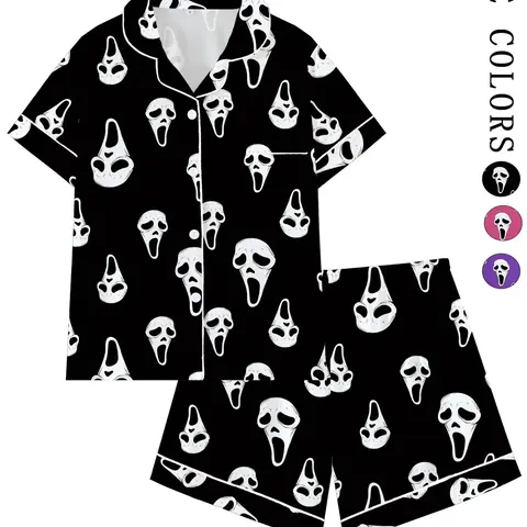 Y2K Horror Mask Pajama Set for Women, Ghost Print Sleepwear, Soft Short-Sleeve Button-Up, Fun Halloween 2-Piece, Dark Aesthetic, Loose Sleepwear