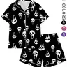 Y2K Horror Mask Pajama Set for Women, Ghost Print Sleepwear, Soft Short-Sleeve Button-Up, Fun Halloween 2-Piece, Dark Aesthetic, Loose Sleepwear