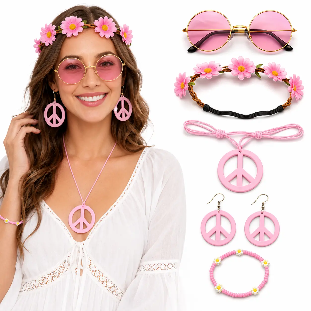 5PCS Hippie Costume Accessories Set, Retro All Seasons Party Wear for 60s & 70s with Plain Round Glasses, Flower Headband & Bracelet, and Peace Signs Jewelry