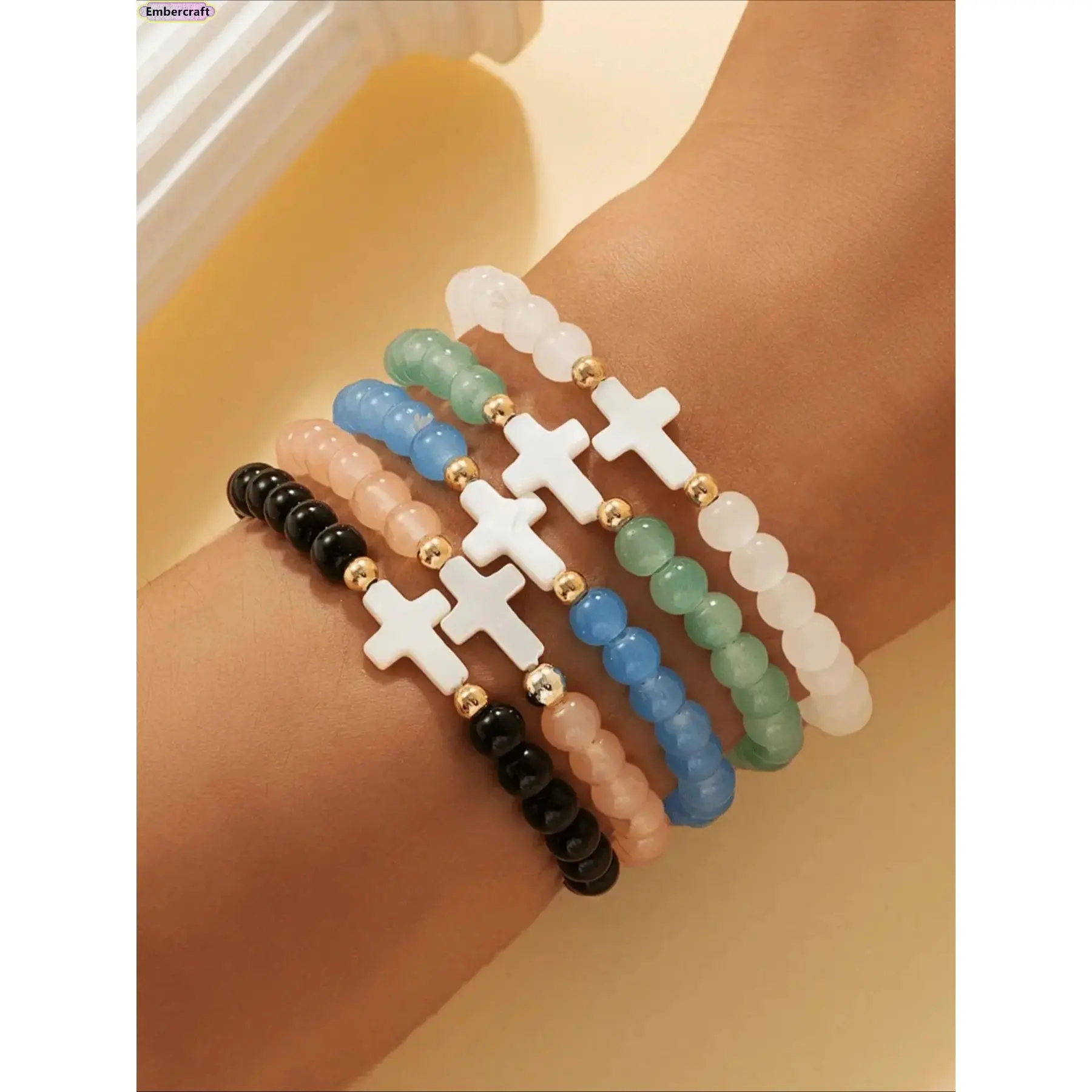 5-Pack Women's Bracelets Set, Stackable Multicolor Glass Bead & Shell Bangles with Cross Pendant, Arm Candy Accessories for Daily & Party Wear, Cross Charm Bangle, Trendy Bangles