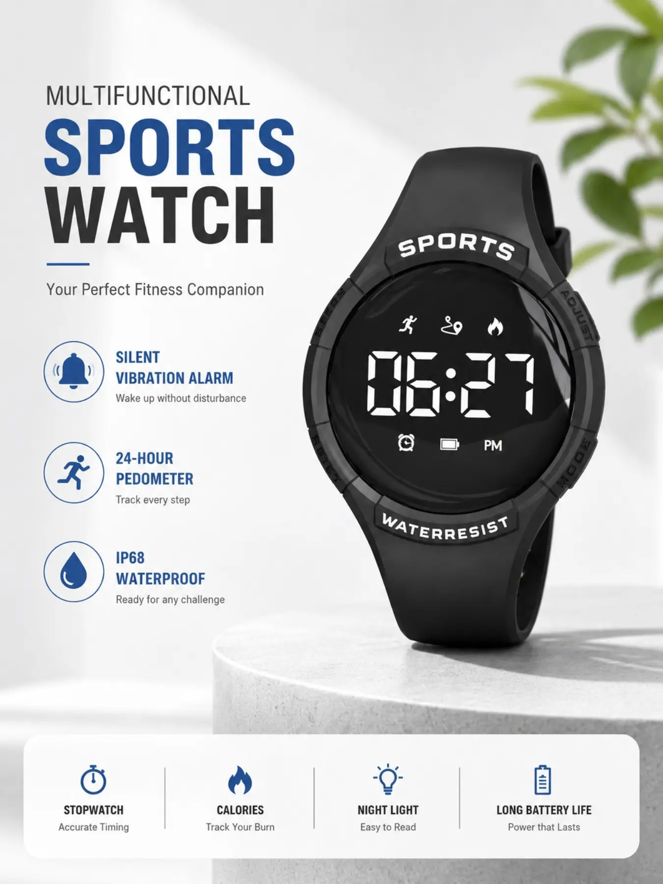 FASSUN Waterproof LED Digital Sports Watch for Men, Women,and Teens: Time and Date, Step Counter, Stopwatch,Calorie Tracking, Vibration Alarm, IP68 Water Resistance,Suitable for Outdoor Activities and Everyday Wear