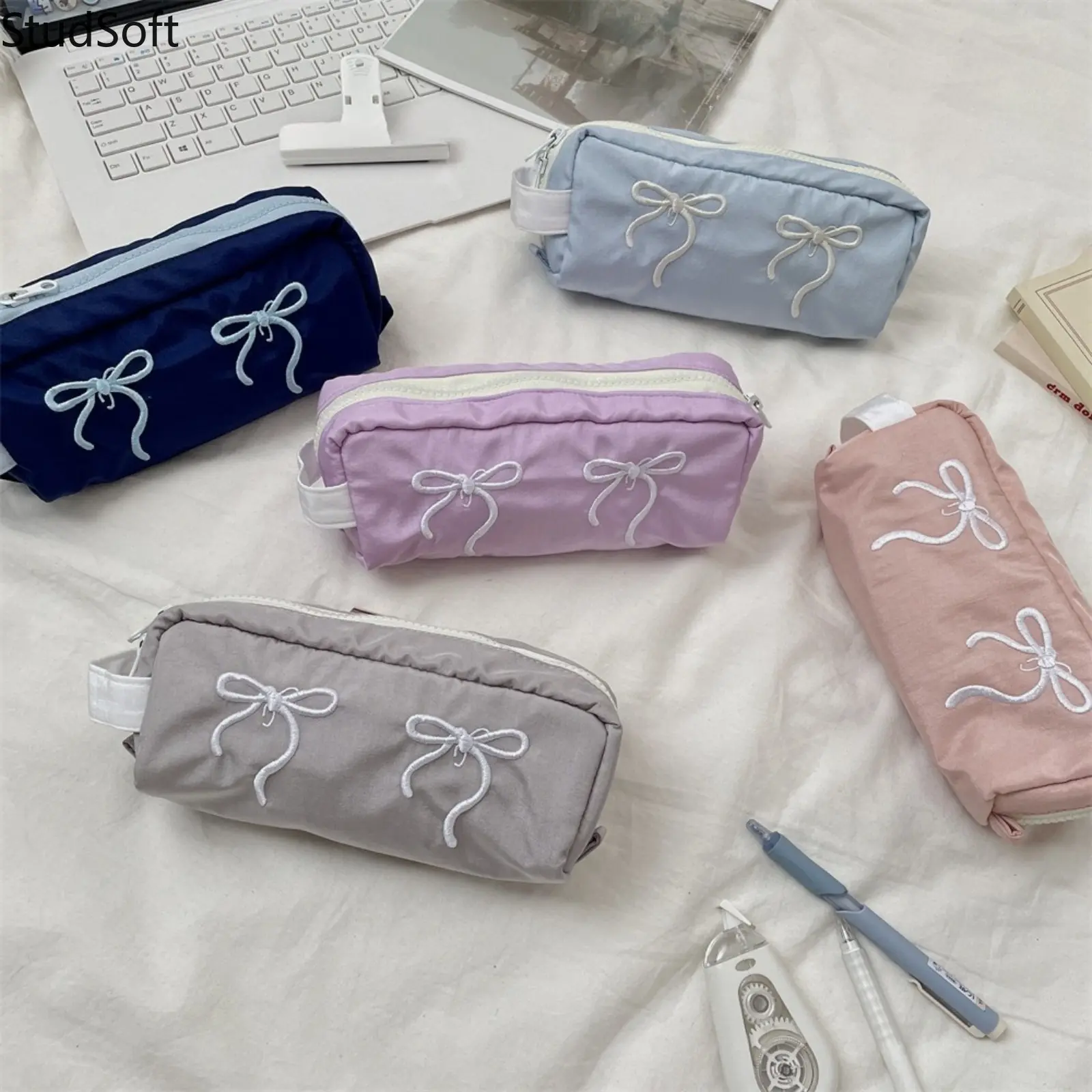 Women's Canvas Pencil Case - Cute Embroidered Quote, Zippered Makeup Storage, Large Capacity Cosmetic Pouch with Handle for Daily School Use, Blue Sports & Outdoor Accessory Gift,back to school,back to school haul