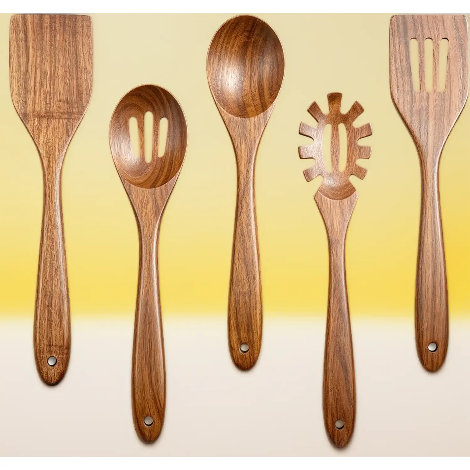 Acacia Wooden Spoons for Cooking, 5-Piece Wooden Kitchen Utensil Set with Spatula, Slotted Spoon & Pasta Fork, Non-Stick Safe Cooking Utensils, Durable Natural Wood Kitchen Tools Gift Set