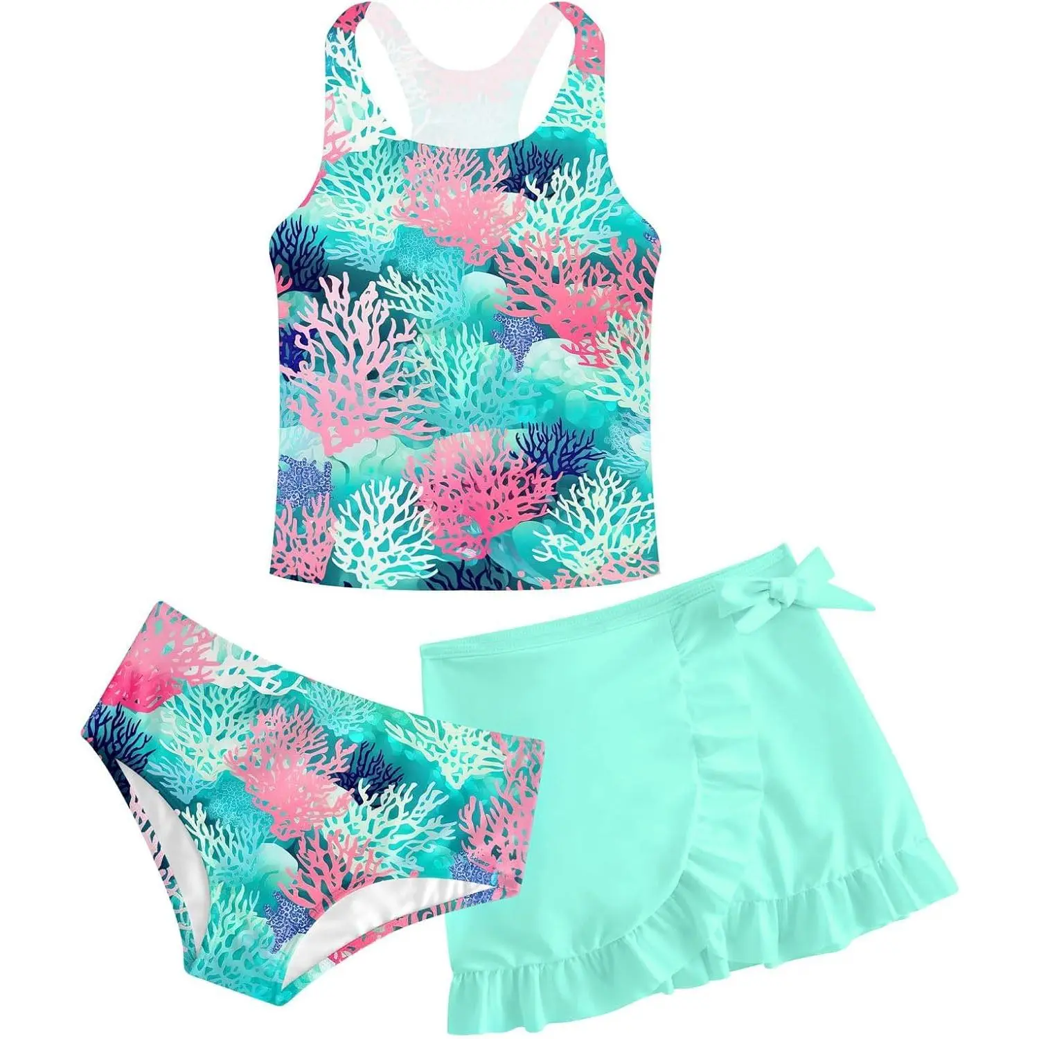 Girls' 3-Piece Quick-Drying Swimsuit Swim Kit, Including Ruffle Cover-Up Beach Skirt, for Tween Ages 5-16 (Gift Option)