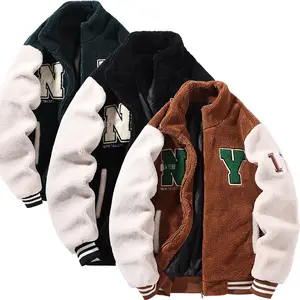 2026 New Men’s Color Block Fleece Jacket, Loose Oversized Fit, Flocked Letter Print Thickened Warm Outerwear for Autumn & Winter. Crafted with premium soft sherpa fleece fabric, this color spliced coat features trendy contrast color panel