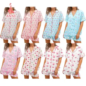 Women Easter Pajamas Set Bow/Rabbit Print Button T-Shirt and Elastic Shorts for Loungewear Soft Sleepwear