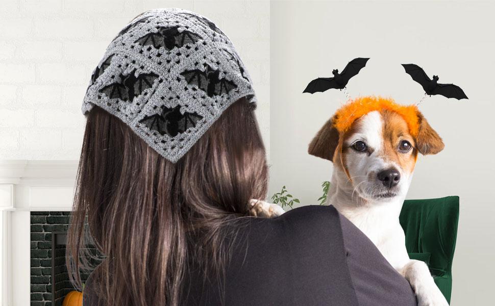 Gothic Crochet Headbands Bat Pattern Bandana for Women, Cotton Knit Triangle Headband Greyscale Halloween Style Head Scarf Christmas Vintage Crochet Hair Styling Decor