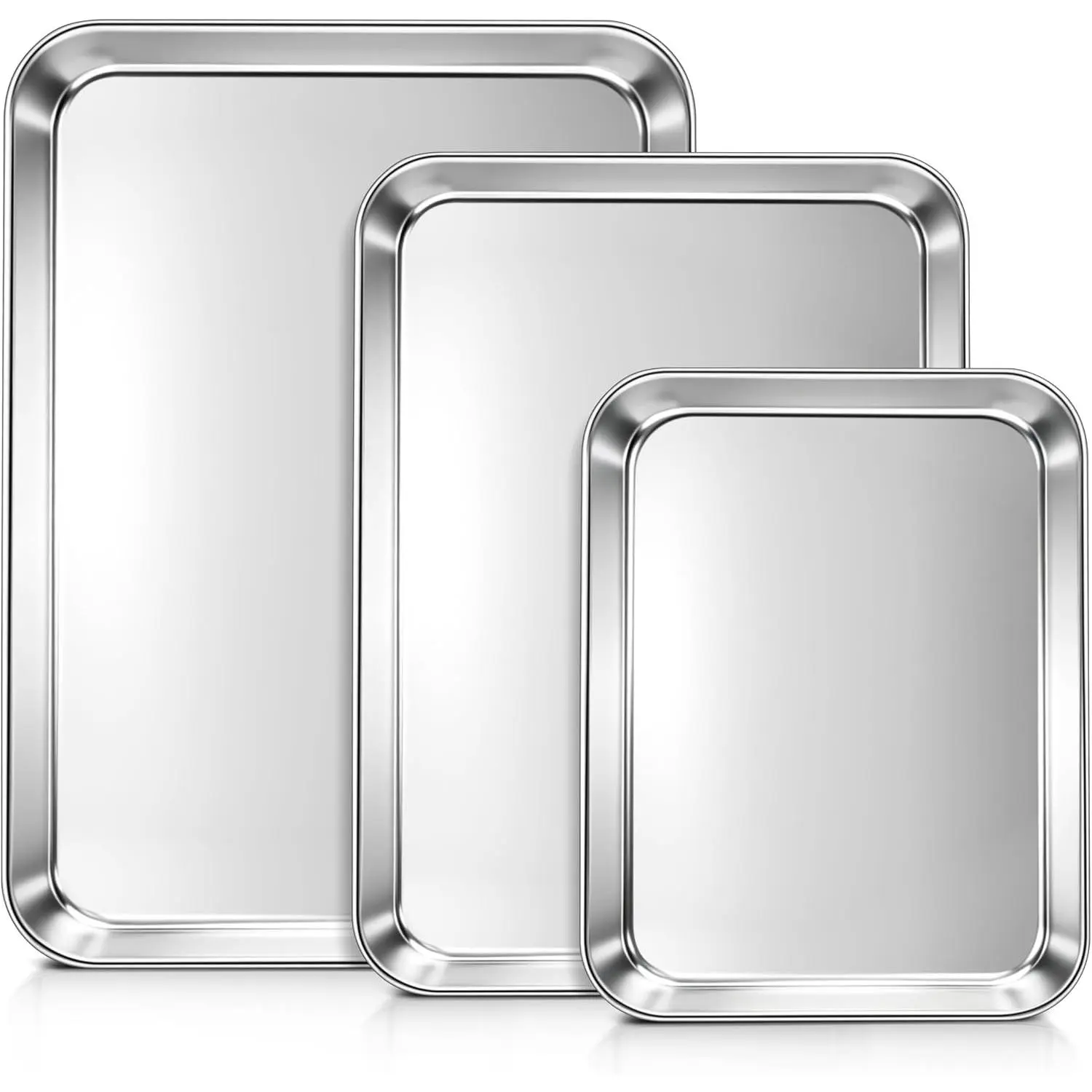 Baking Sheet Pans Set of 3, Stainless Steel Cookie Sheets for Baking, 17.5/16/12.4 Inch, Half/Quarter/Jelly Roll Pans for Oven, Mirror Finish Metal Tray, Heavy Duty & Rust Resistant