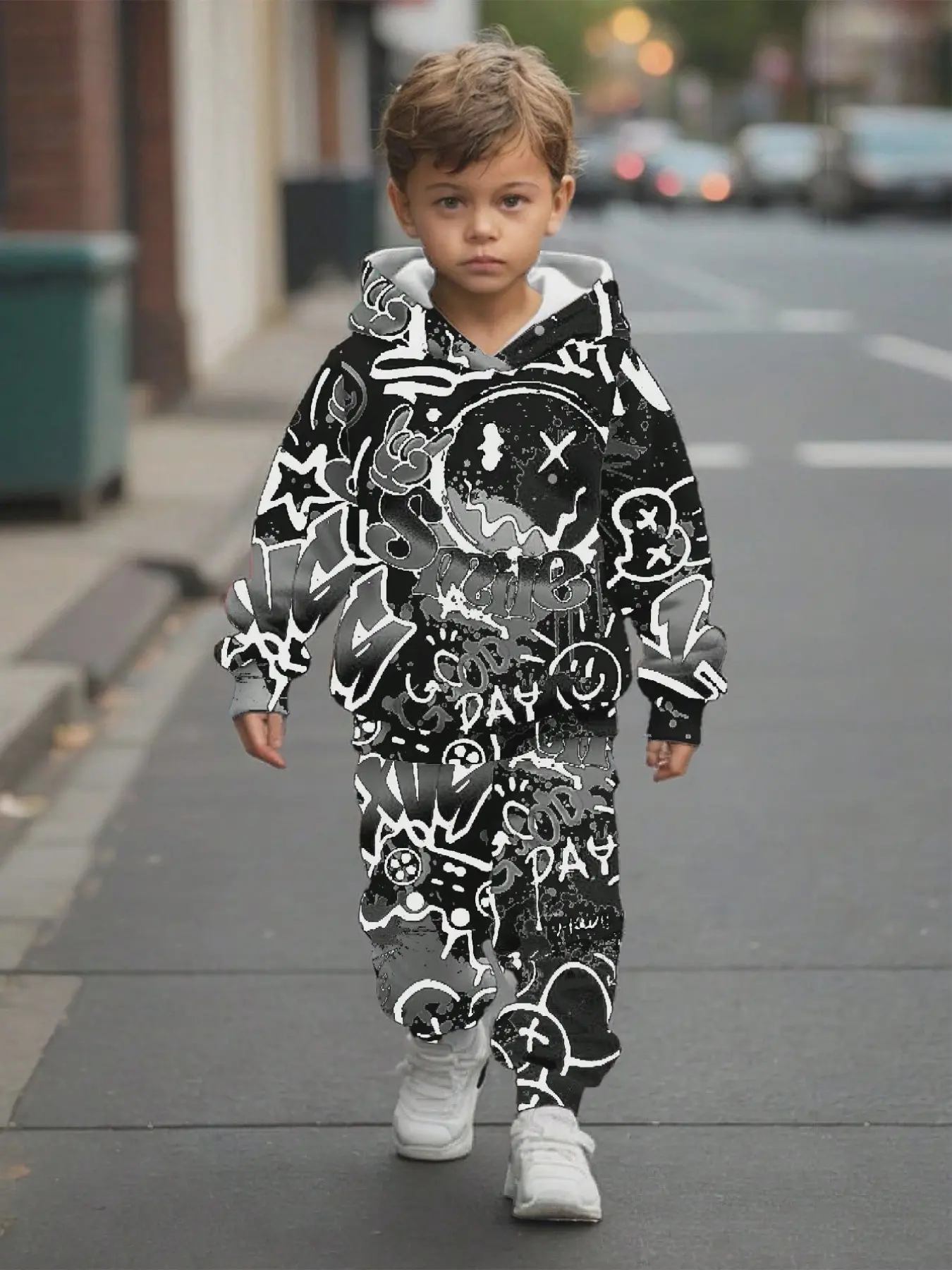 Boys' Trendy Hooded Sweatshirt and Long Pants Set, Cool Street Style Graffiti Prints, Fashionable Casual for All Seasons